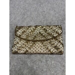 Vintage Clutch Gold Bead Sequin‎ Hand Made Hong Kong Envelope Satin Lined Pretty
